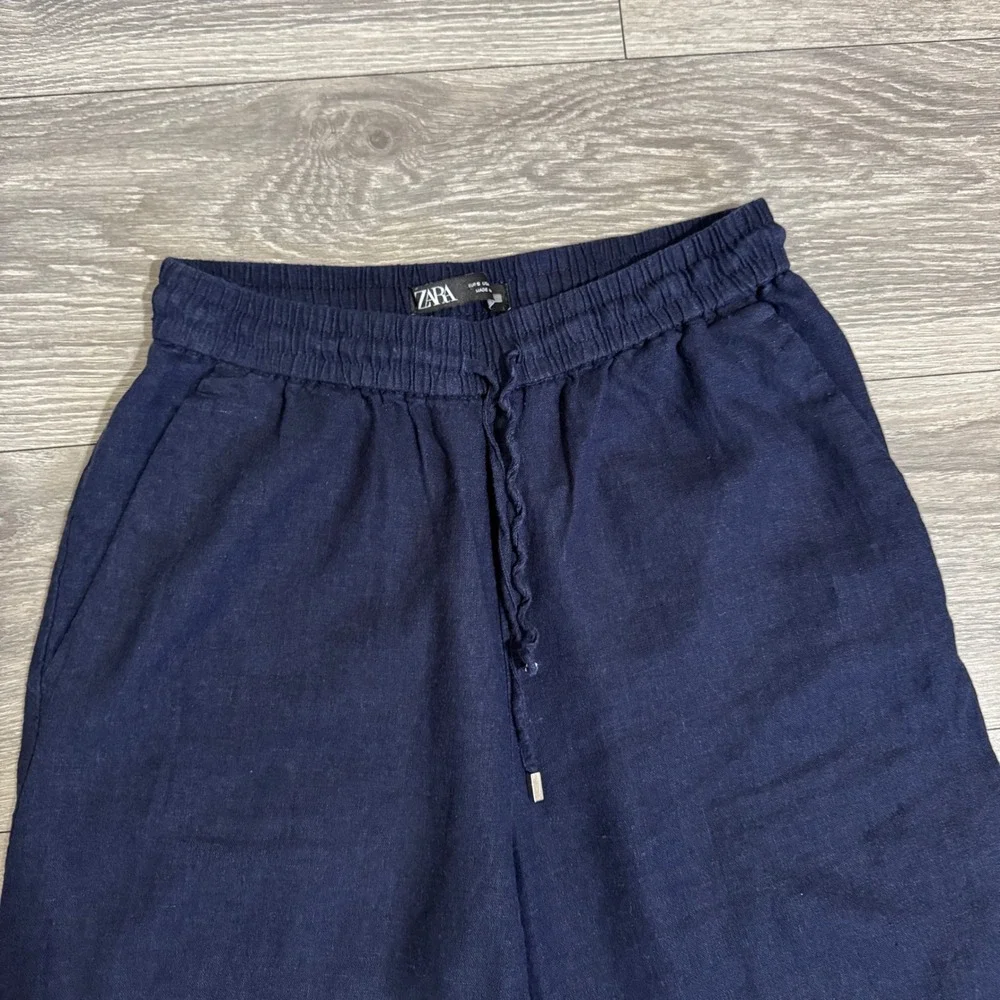 Zara Women Navy Blue Wide Leg‎ Drawstring Elastic Waist Loose Fit Pants Size S